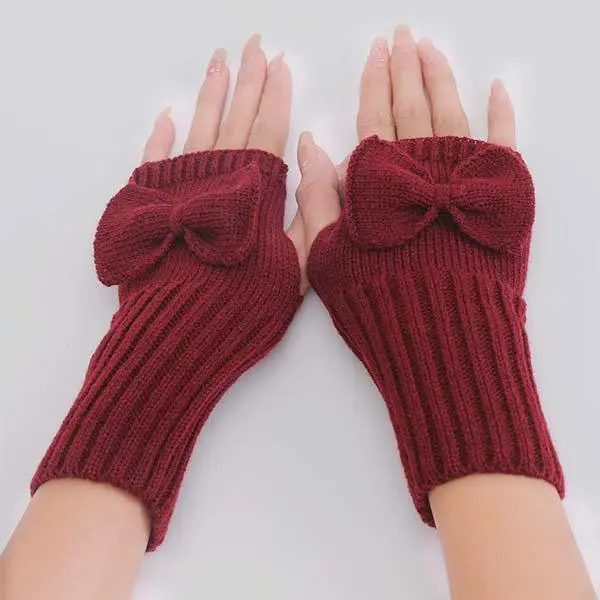 Women'S Bowknot Knitted Wool Warm Fingerless Gloves 12539938C