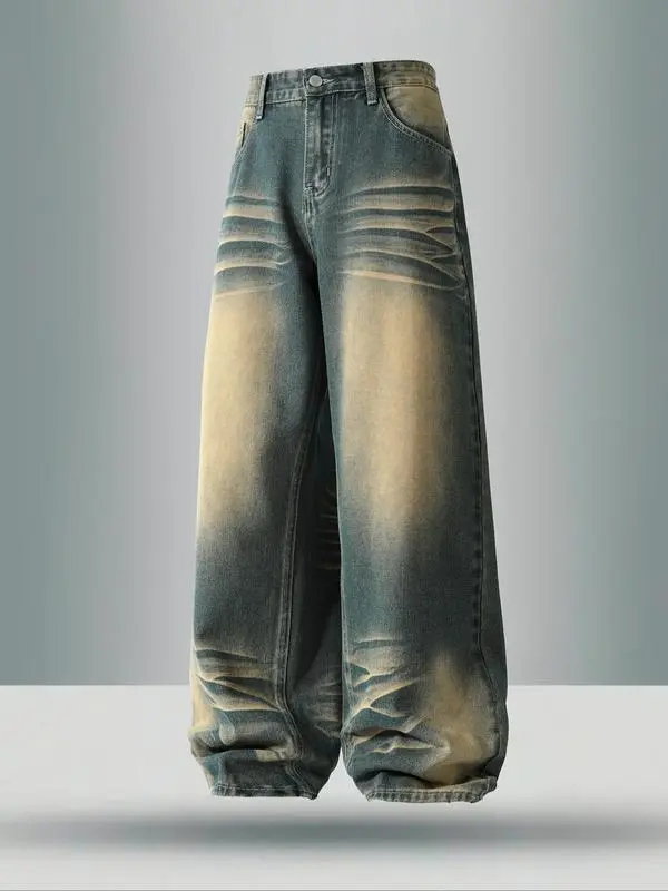Men's Vintage Wash Pocket Wide Leg Jeans, Loose Casual Comfy Denim Pants for Daily Wear, Woven Bottoms for All Seasons