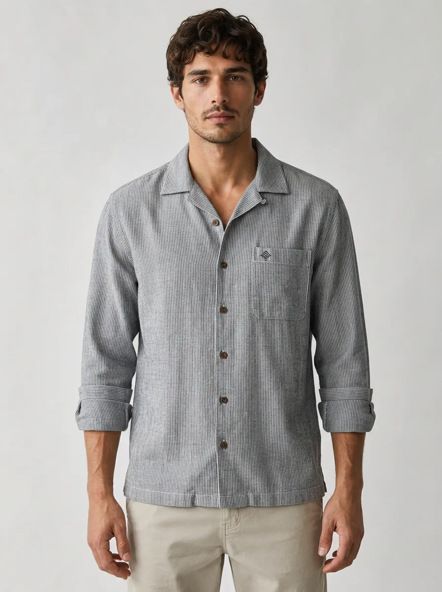 Men's Casual Breathable Grey Striped Button Down Shirt