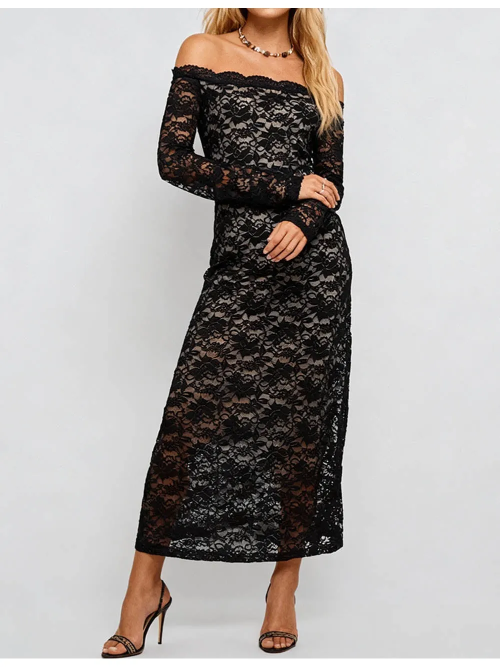 Scalloped Trim Off Shoulder Lace Bodycon Maxi Dress