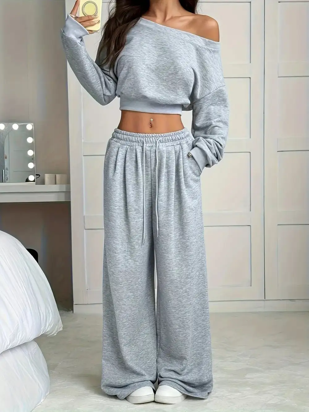 Boat Neck Crop Top & Wide Leg Pants Set