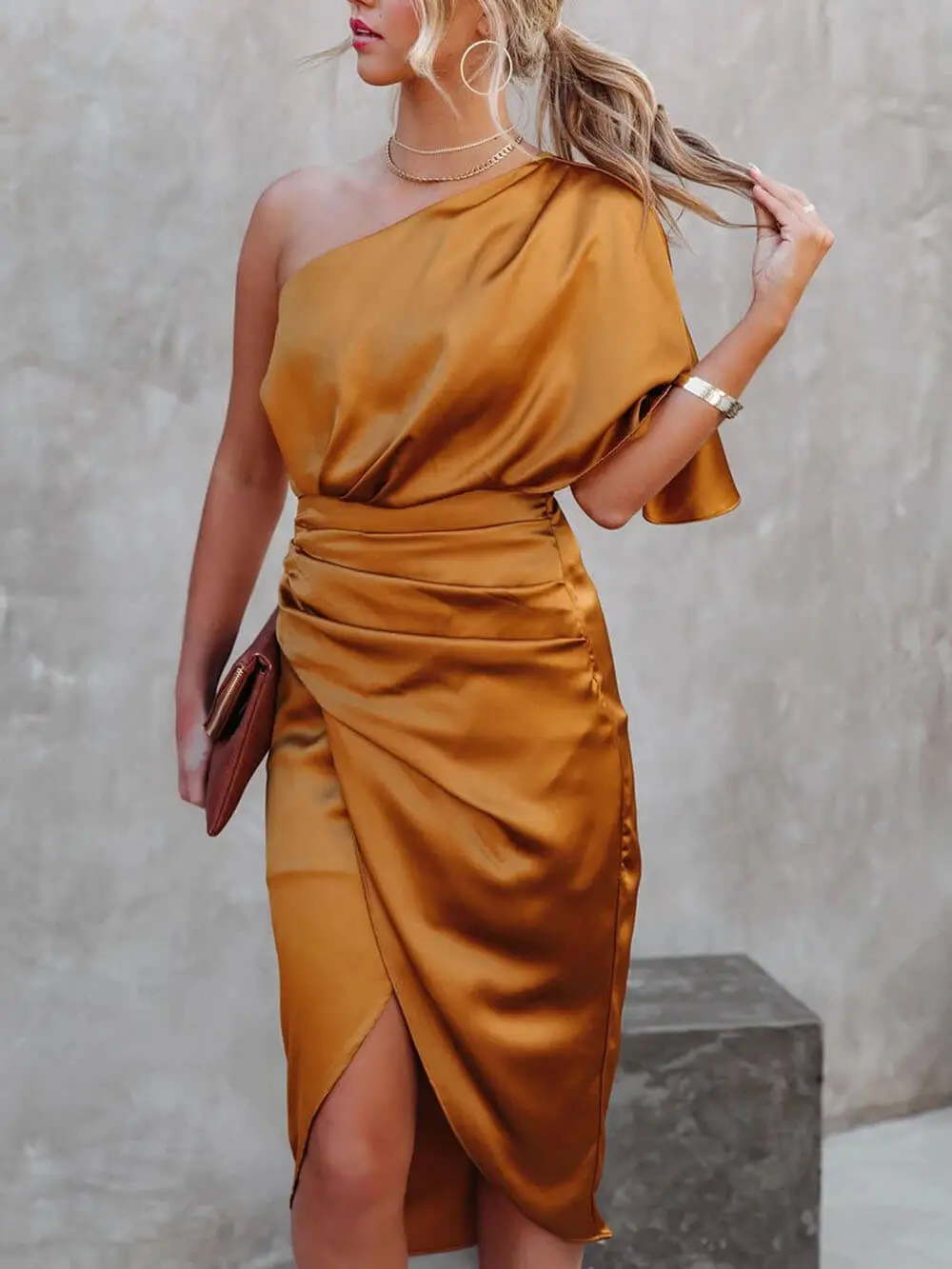 Single Sleeve Irregular Evening Midi Dress