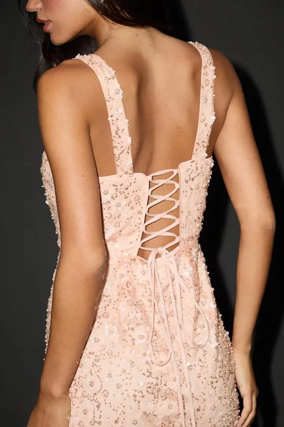 Dazzling Forever Peach Pink Sequin Beaded Bodycon Mini Dress