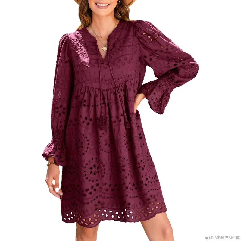 Women's 2025 Casual Dress Tassel V Neck Long Sleeve A Line Hollow Out Lace Ruffle Above Knee Dress, 100% Cotton, Comfortable Fit
