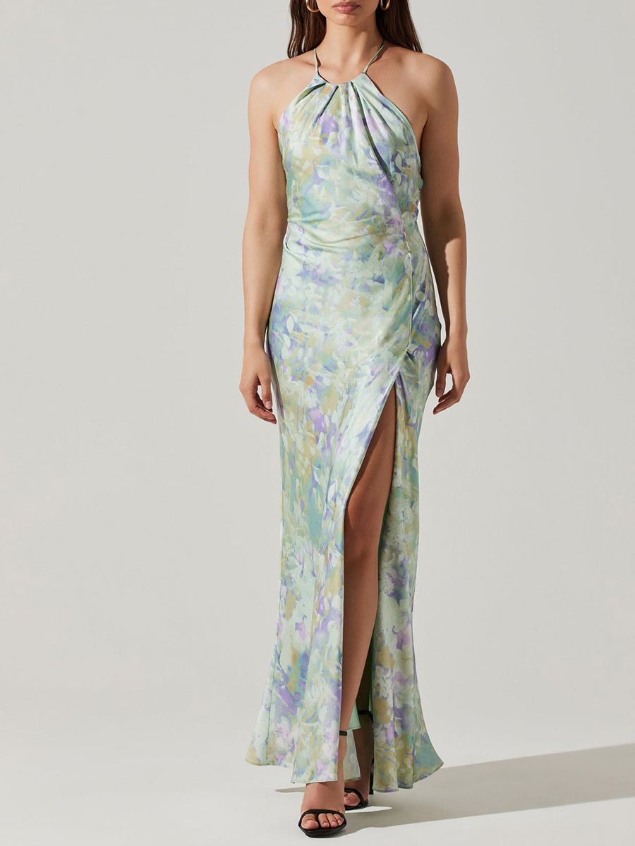 Sexy Halter Neck Open Back Satin Print Maxi Dress