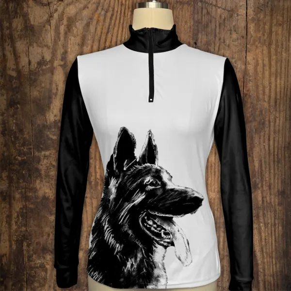 Women's Equestrian Style German Shepherd Dog Print Long Sleeve Casual Shirt