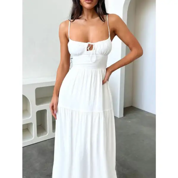Tiered Lace Up Spaghetti Straps Maxi Dress