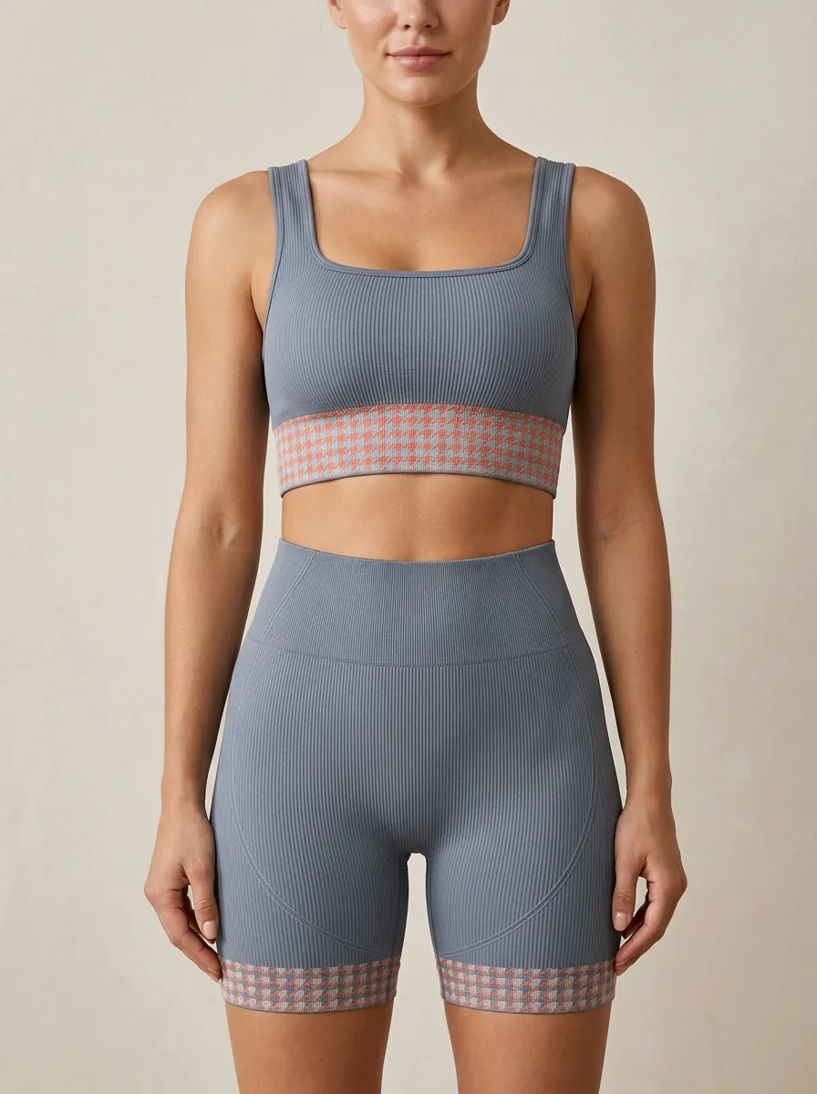 Women's Houndstooth Ribbed Sports-Bra Tank and Shorts Active Set