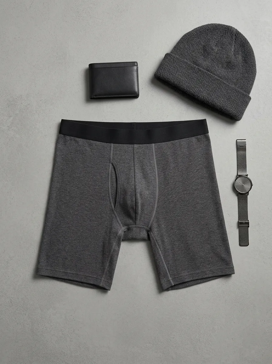 Men's Solid Charcoal Ribbed Printed Boxer Briefs