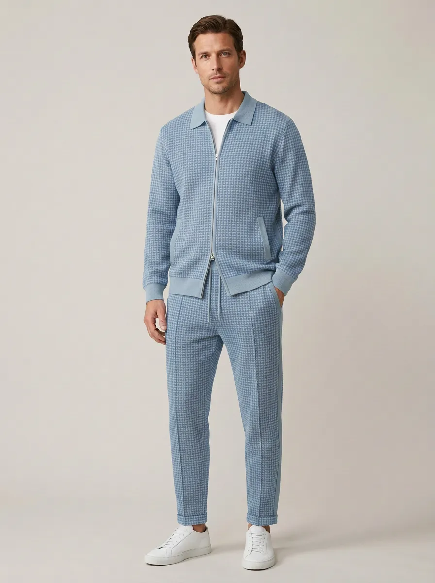 Men's Houndstooth Zip-Up Polo Collar Jacket and Jogger Pants Set