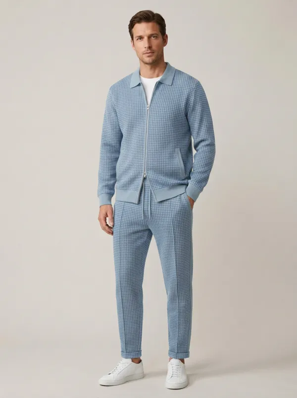 Men's Houndstooth Zip-Up Polo Collar Jacket and Jogger Pants Set