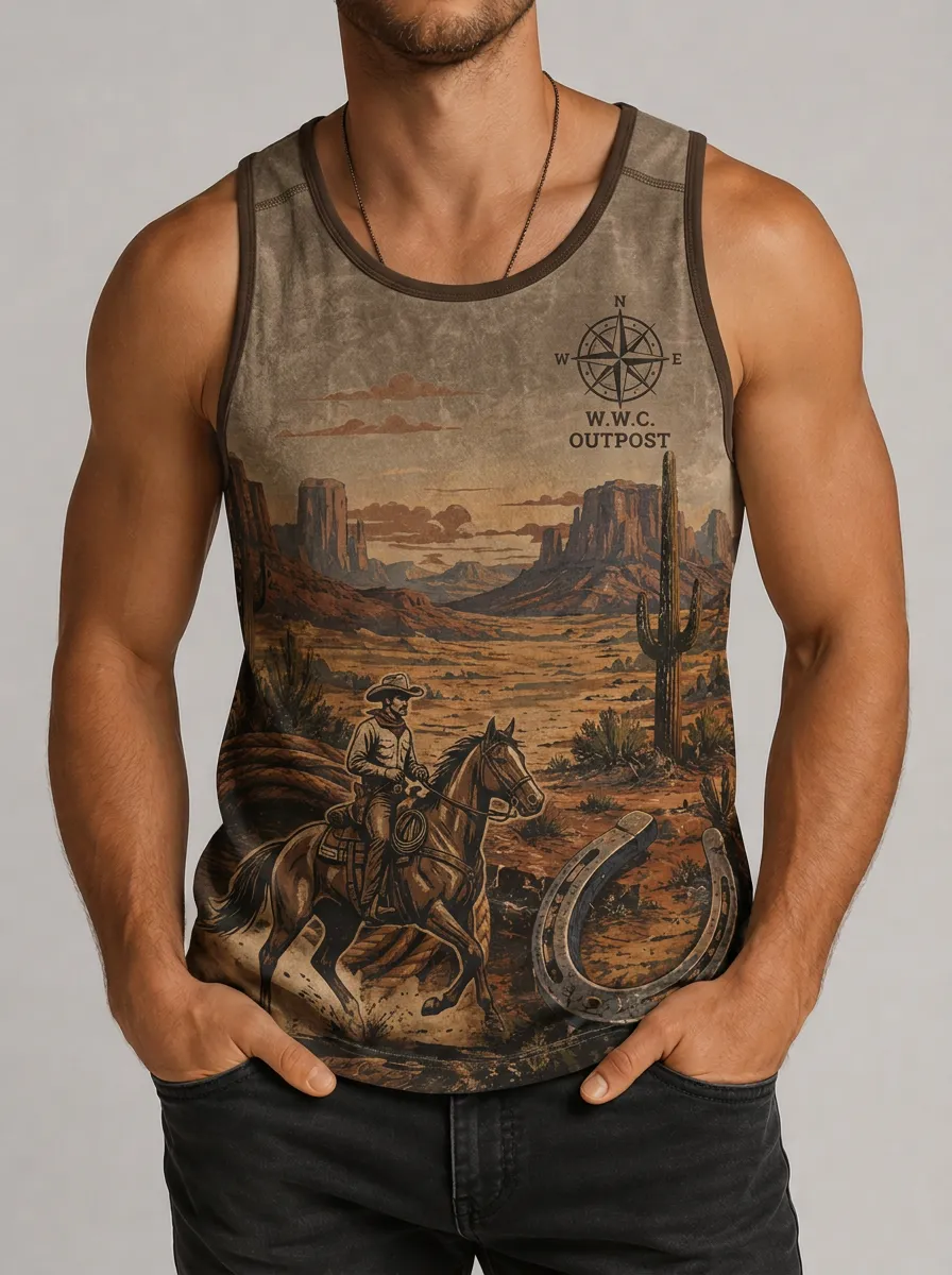 Men's Contrast Trim Earth Tone Graphic Print Tank Top
