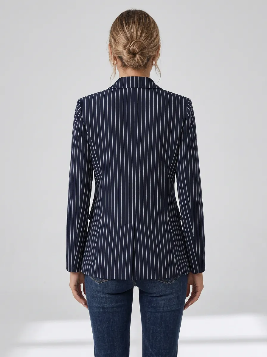 Women's Business Casual Navy Blue Pinstripe Printed Blazer