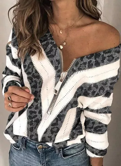 Color Block Leopard V-Neck Casual Sweaters