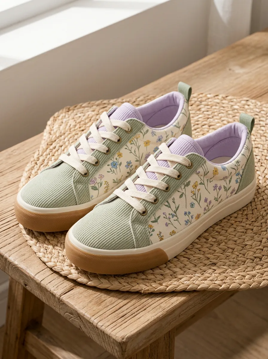 Women's Floral Garden Sage Green Corduroy Printed Sneakers