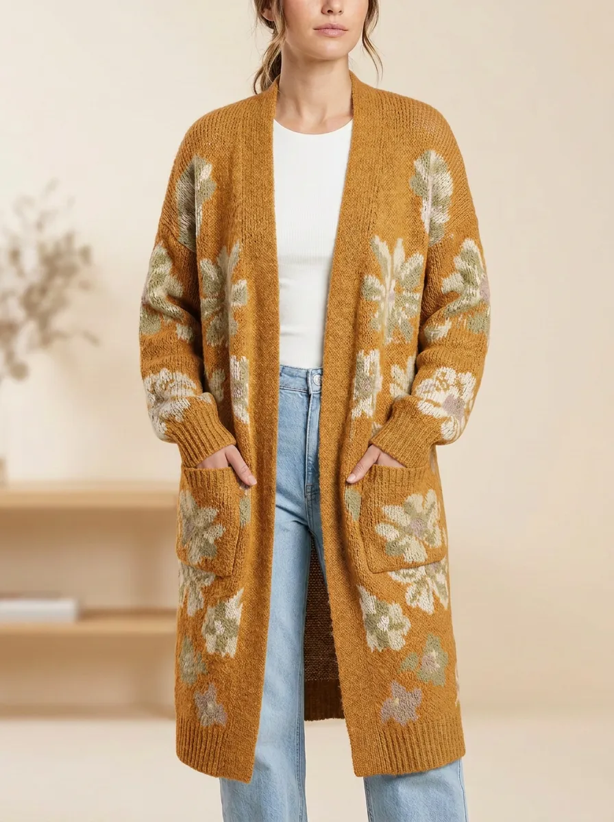 Women's Floral Pattern Knit Open- Design No Closures Long Cardigan
