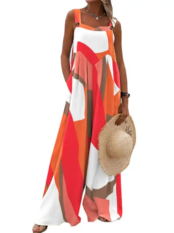 Printed Sleeveless Spaghetti Strap Jumpsuit Wide Accessory