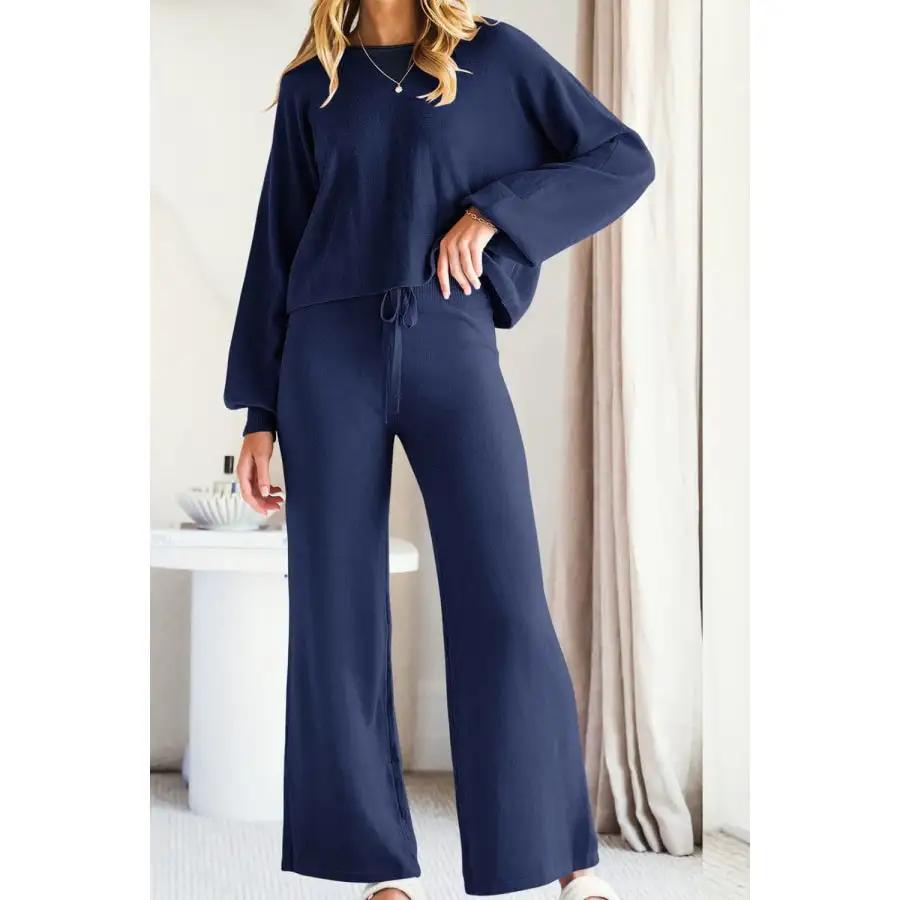 Casual Round Neck Long Sleeve Top and Pants Set