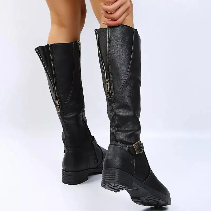 Polished Round Toe Block Heels Boots