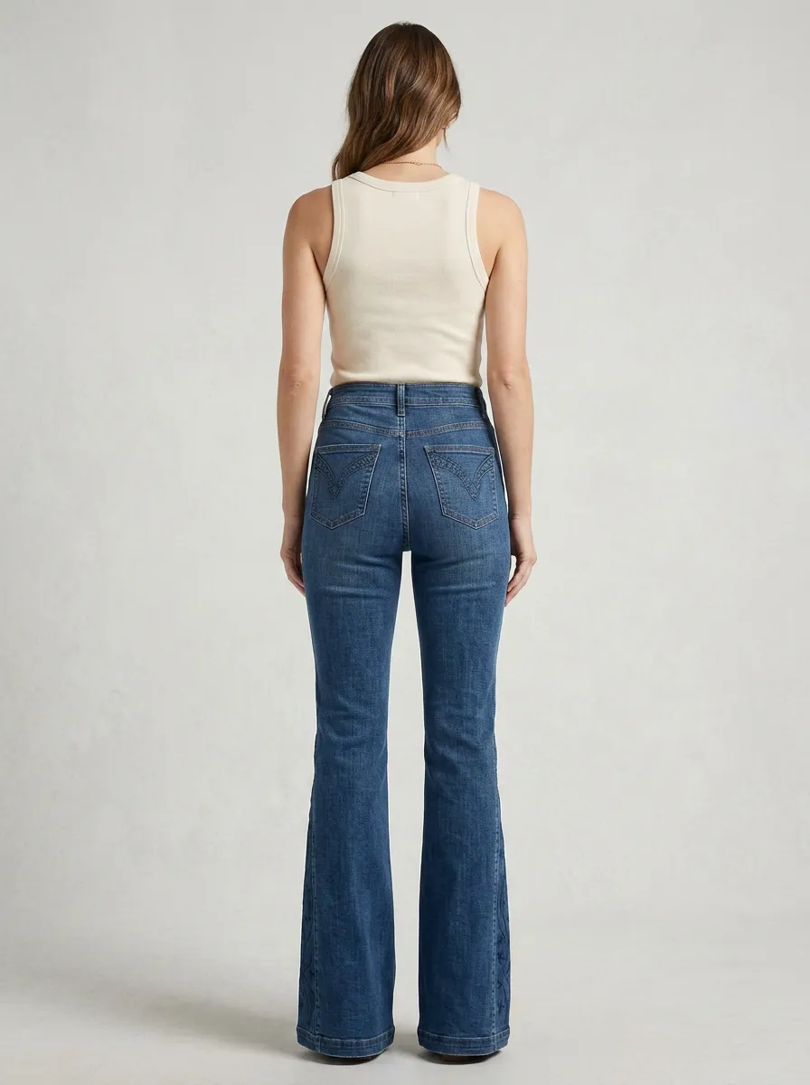 Women's Prairie Inspired Floral Embroidery Floral Embroidered High-Rise Flare Jeans