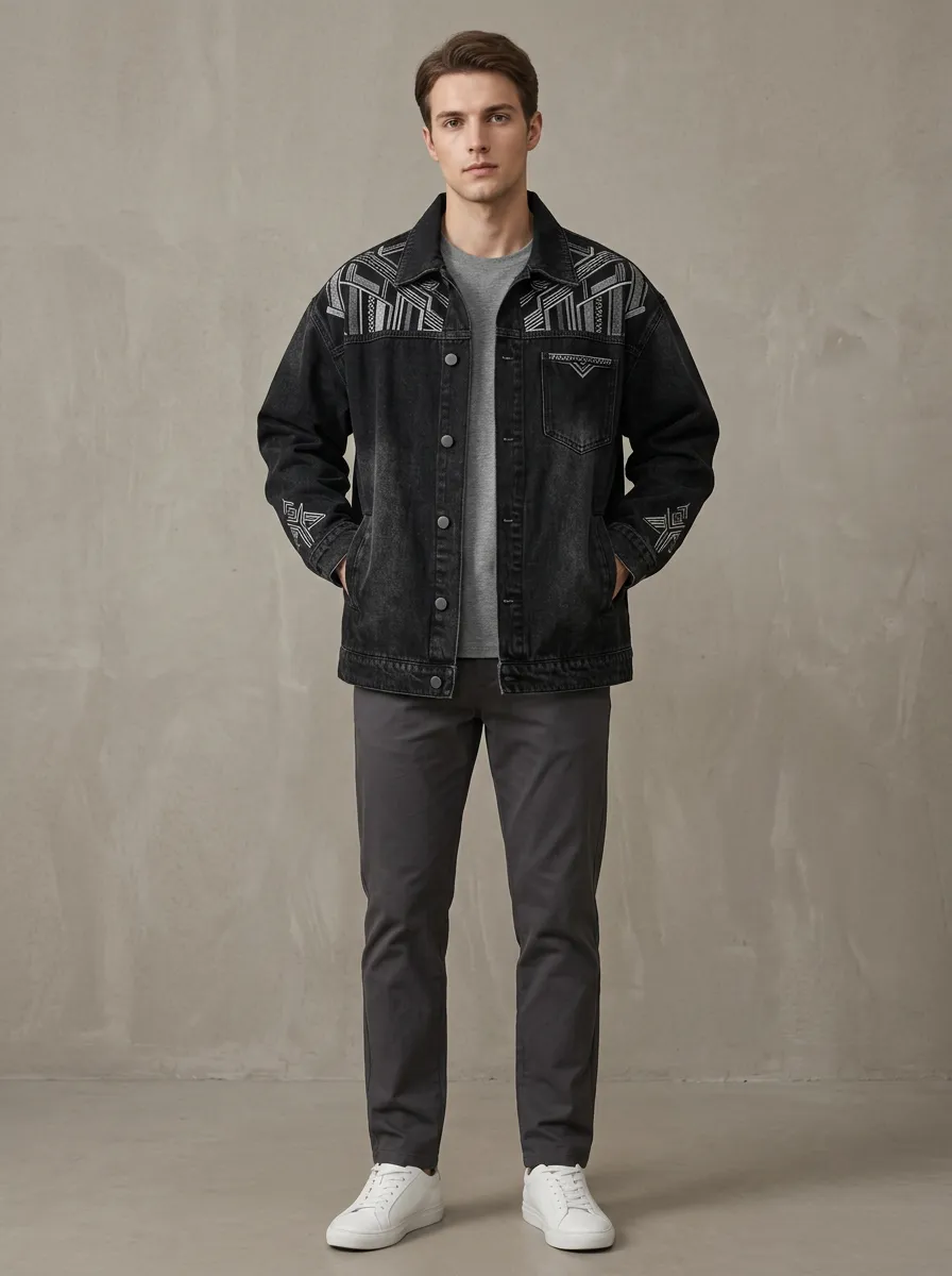 Men's Gallery Inspired Geometric Printed Denim Jacket