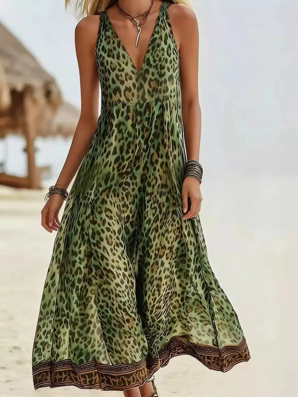 Animal Print V Neck Midi Dress