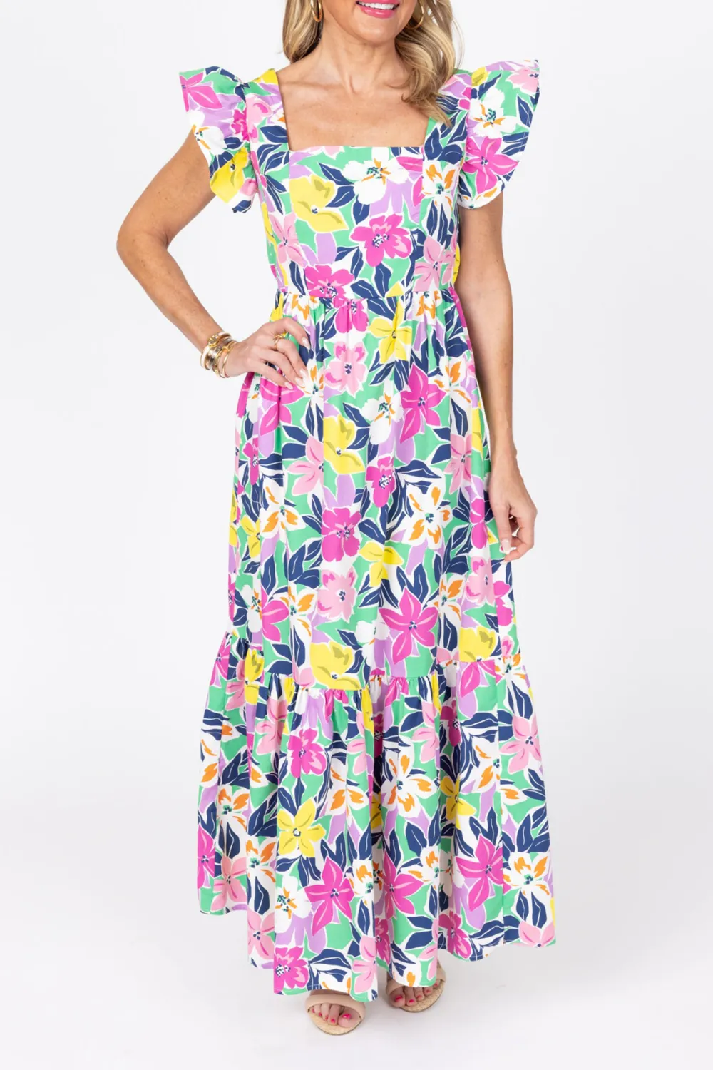 Multicolored Floral Puff Sleeve Flared Maxi Dress