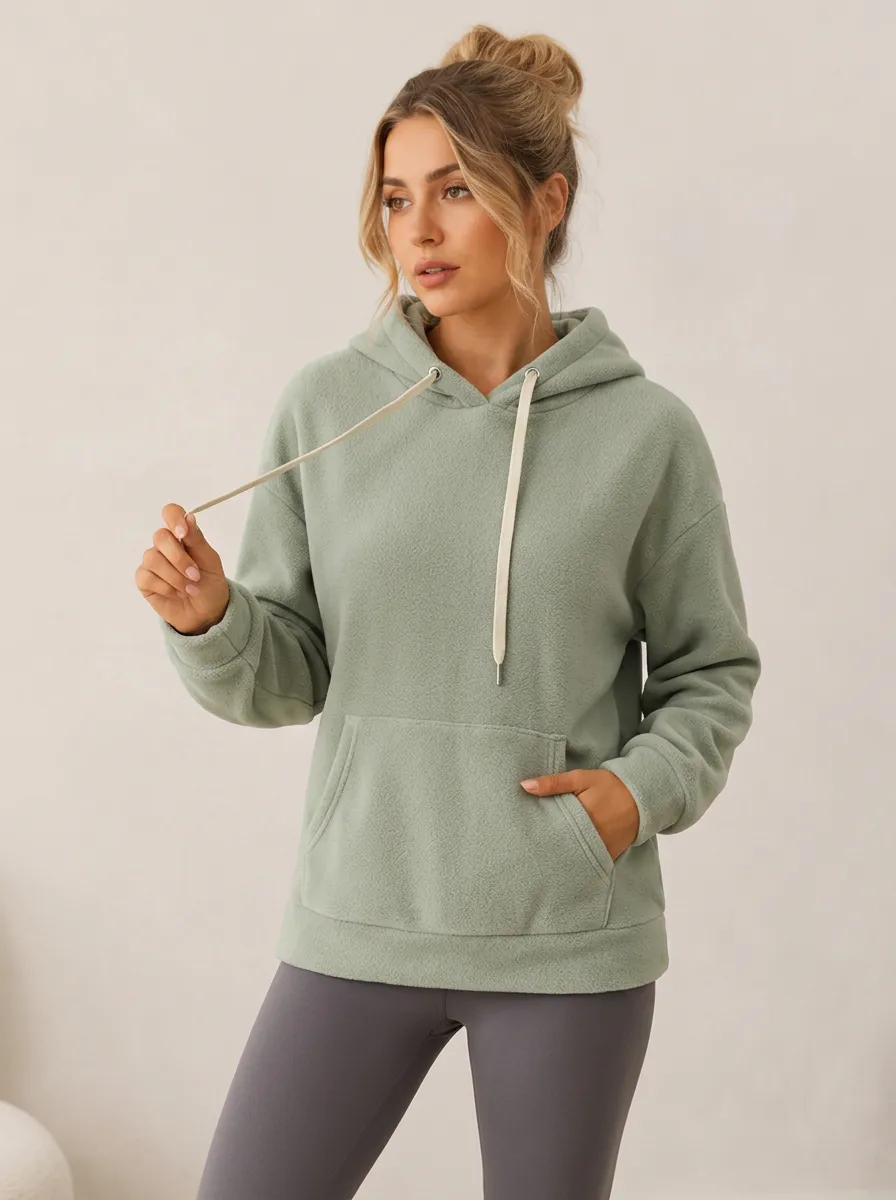 Women's Casual Sage Green Fleece Pullover Hoodie