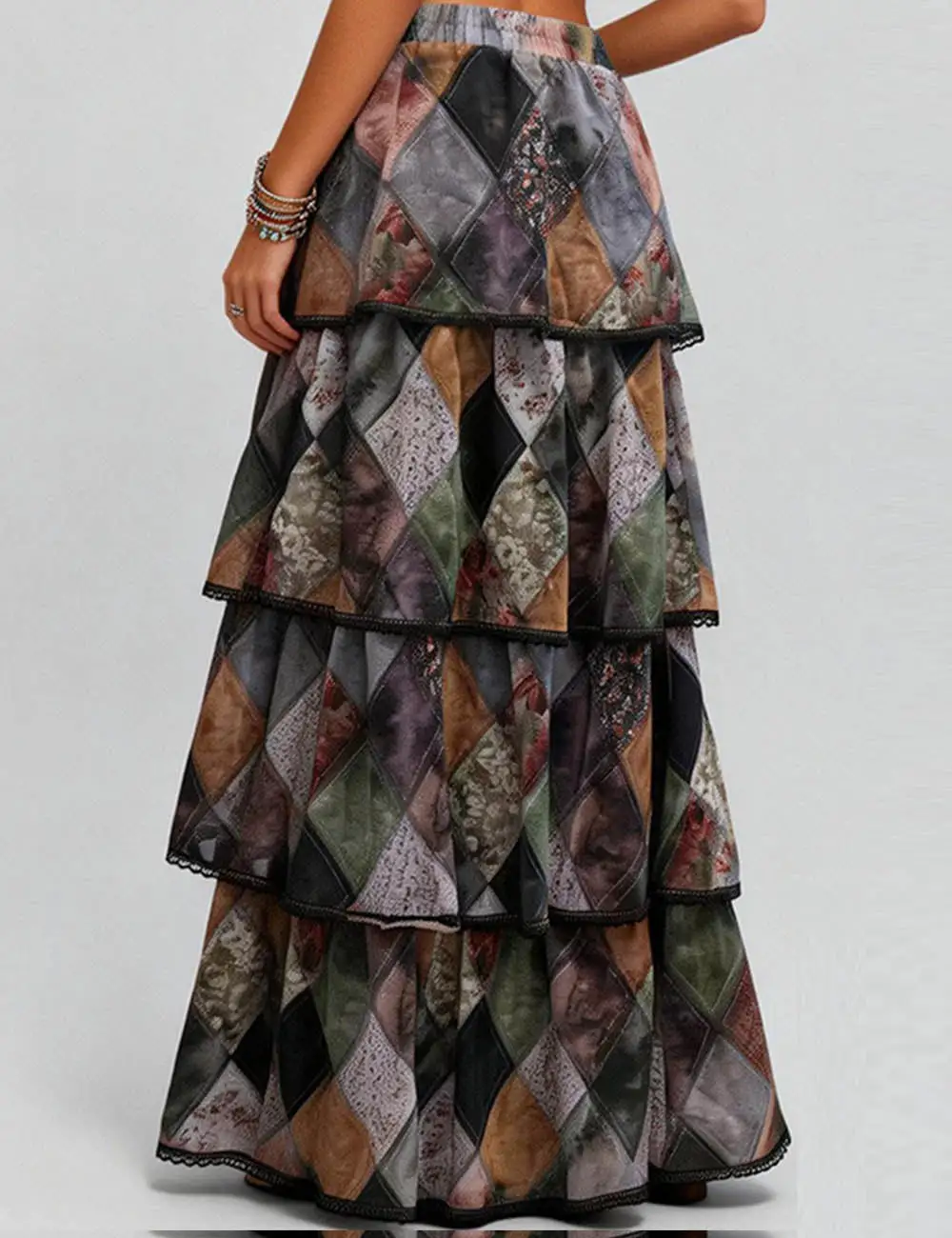 Diamond Pattern Tiered Ruffle Maxi Skirt