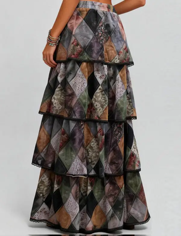 Diamond Pattern Tiered Ruffle Maxi Skirt
