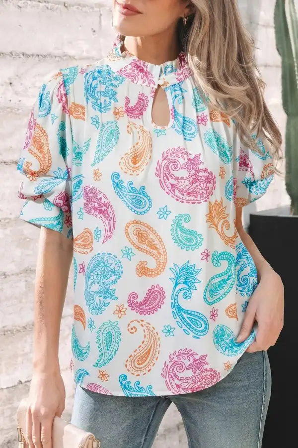 Button Front Puff Sleeve Paisley Blouse