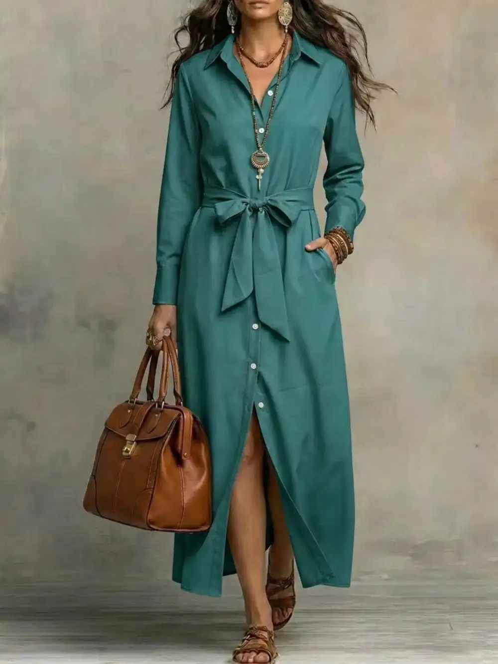 Tie Waist Long Sleeve Shirt Dress