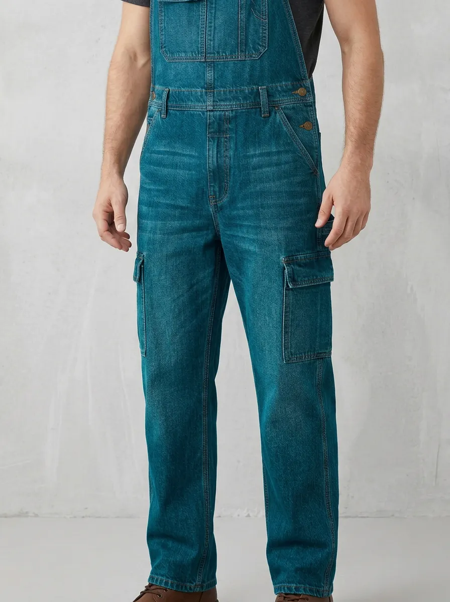 Men's Casual Blue Denim Multi-Pocket Cargo Overalls