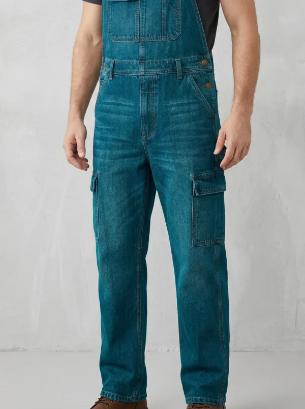 Men's Casual Blue Denim Multi-Pocket Cargo Overalls