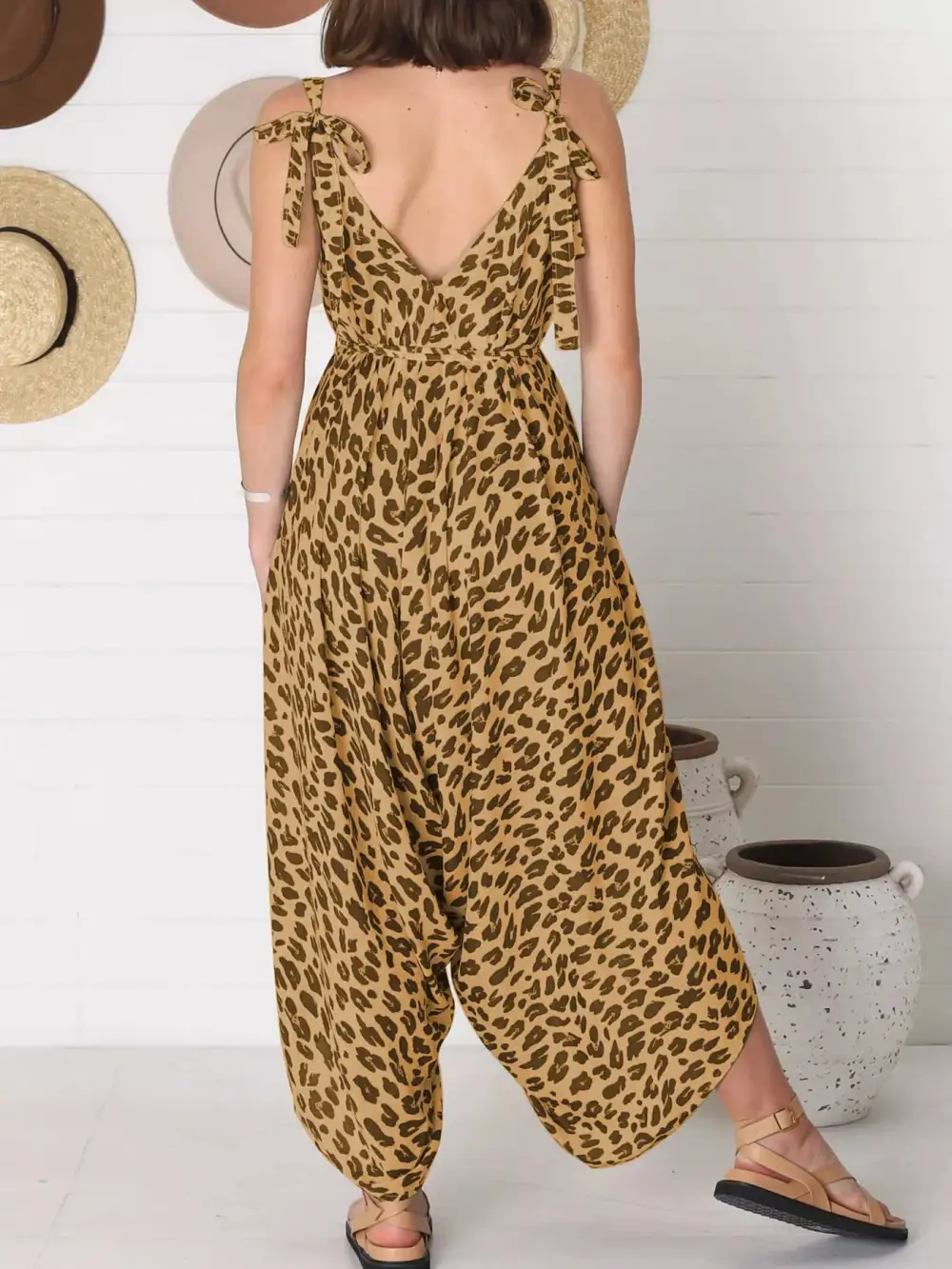 Plus Size Leopard Print V Neck Jumpsuit