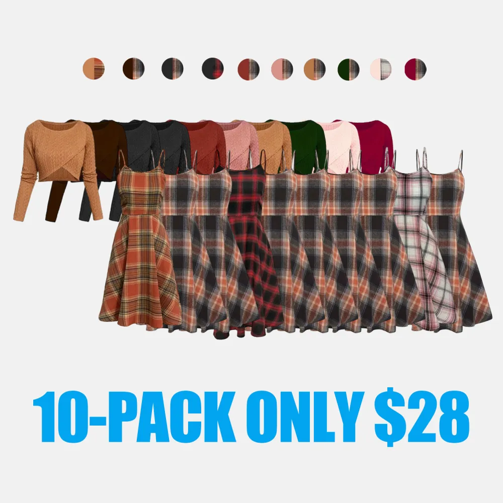 Women's Solid Wrap Hem Round Neck Textured Long Sleeve Crop Top & Plaid Print A-Line Dress Set