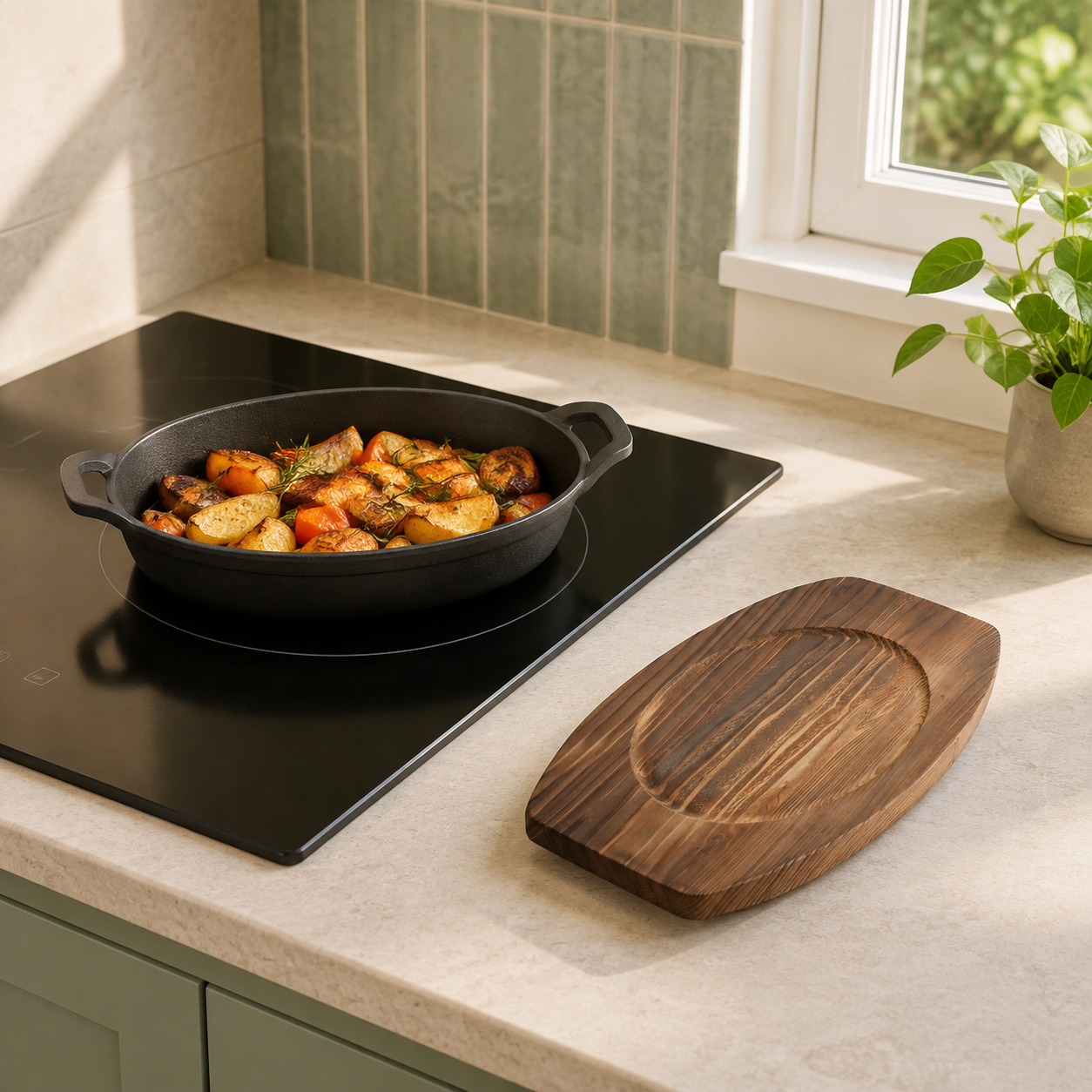 Oval cast iron pan cooking on a stovetop with the wood tray kept safely nearby