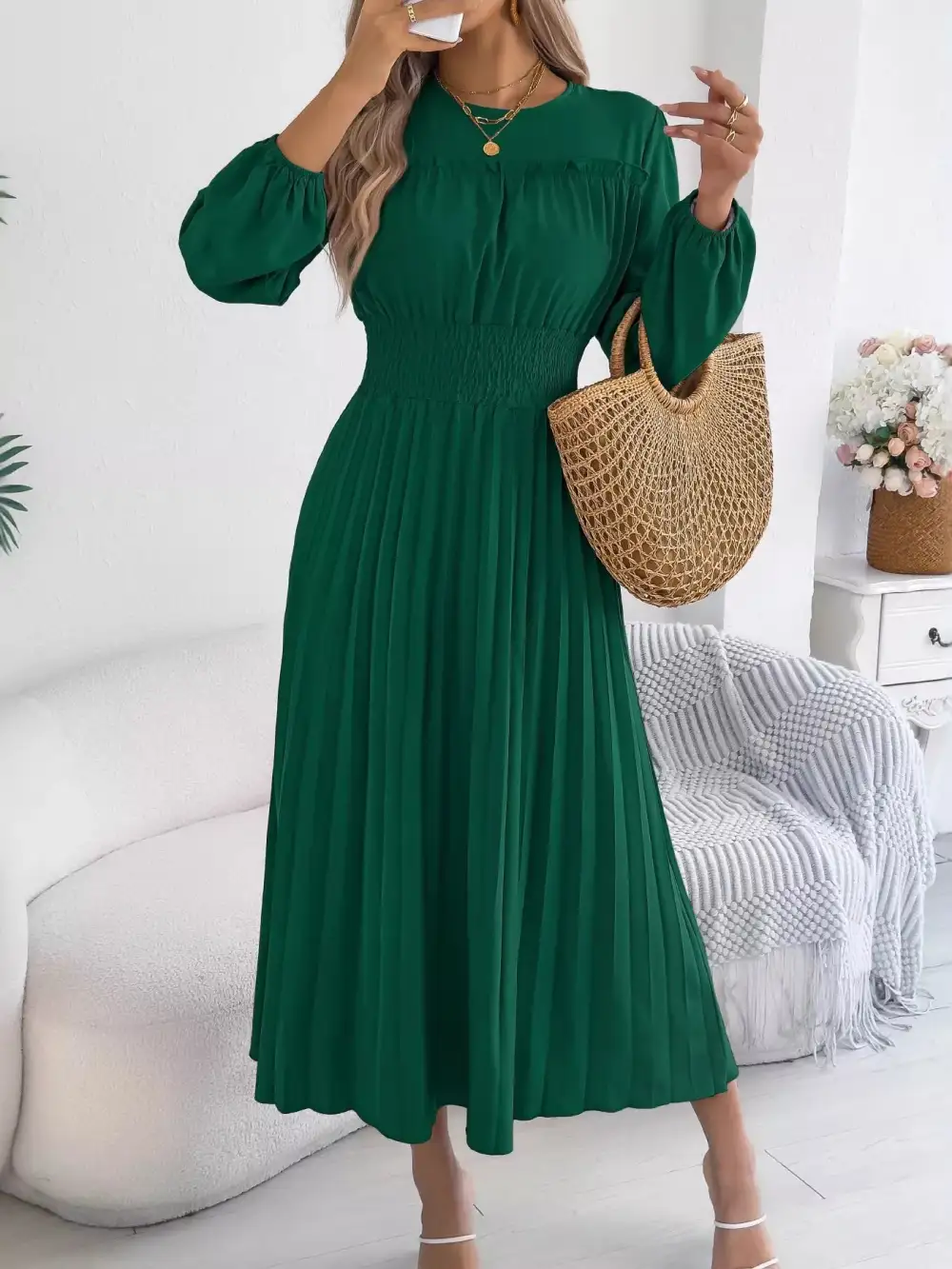 Pleated Smocked Long Sleeve Midi Dress