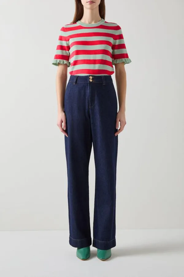 Red Green Striped Short Sleeve Knit Top