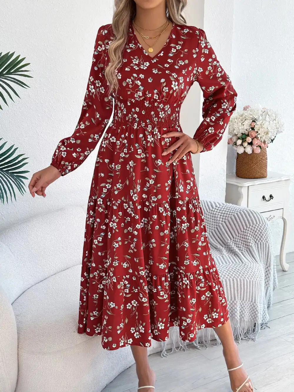 Structured Shape Floral Printed V Neck Midi Dress