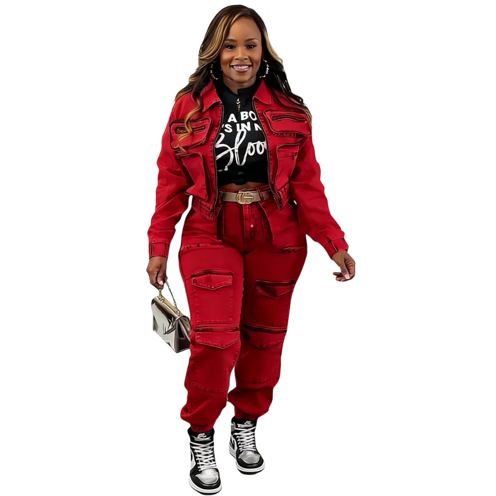 Two-Piece Women's Fashion Sexy High Elastic Multi-Pocket Washed Denim Casual Set