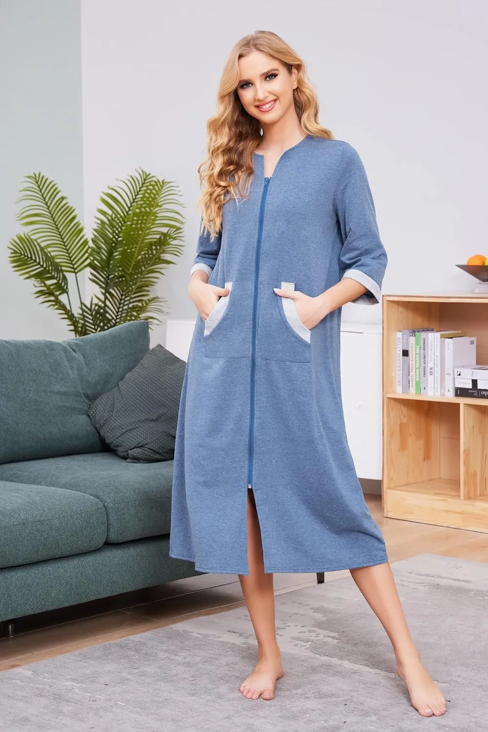 50% OFF Women Zipper Robe 3/4 Sleeves Loungewear Dress Full Length Sleepwear Pockets Housecoat Nightgown Long Bathrobe