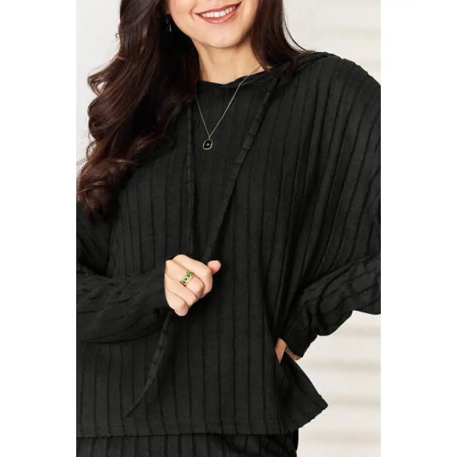 Basic Ribbed Drawstring Hood Top and Straight Pants Set