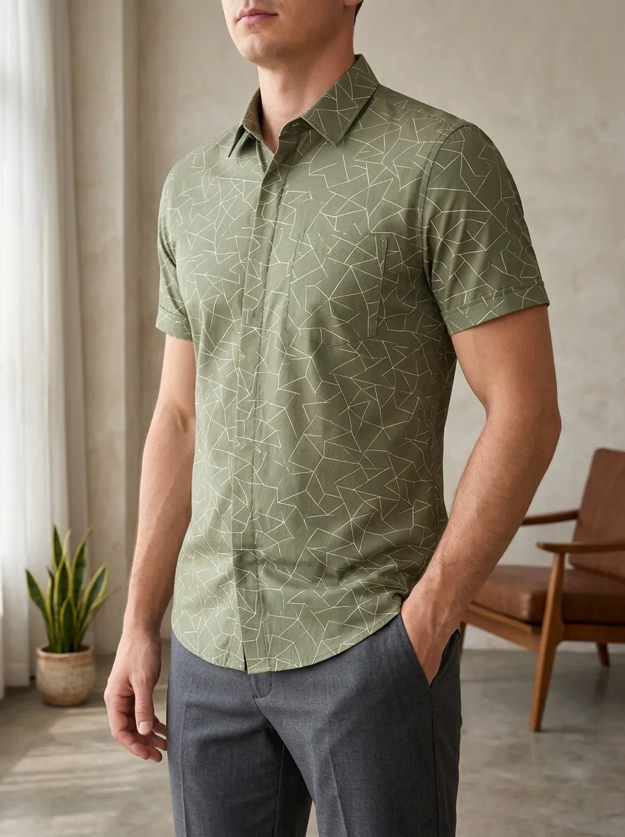 Men's Geometric Line Chest Pocket Short Sleeve Slim Fit Shirt