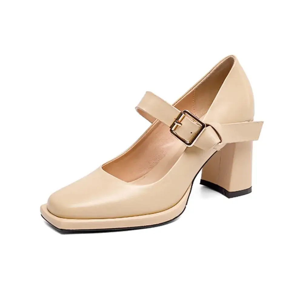 Round Toe Lace Up Buckle Strap Chunky Heel Pumps