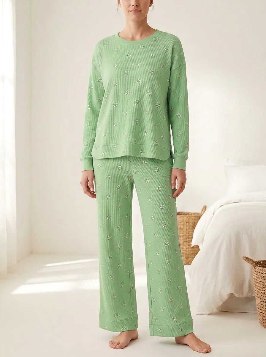 Women's Daisy Waffle-Texture Patch-Pocket Wide-Leg Lounge Set