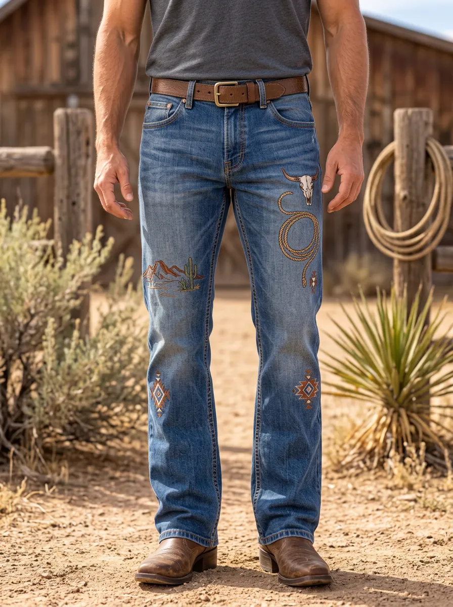 Men's Classic Western Cowboy Lasso Cactus Skull Jeans