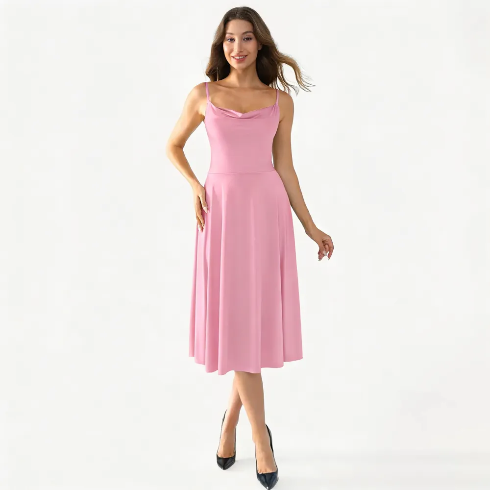 Satin Midi Slip Dress with Cowl Neck and Flared Hem