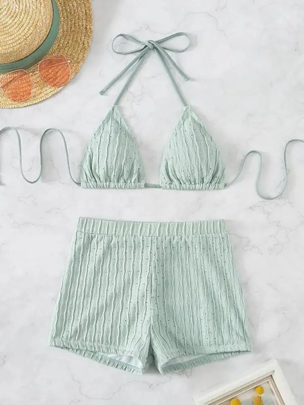 Lace Up Textured Coordinated Bikini Swim Set