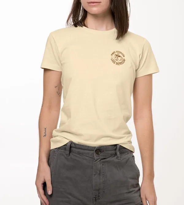 Coffee Themed Cartoon Graphic Beige T-Shirt
